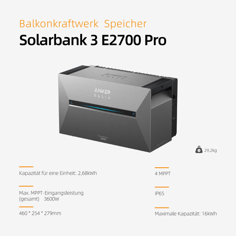 Anker SOLIX Solarbank 3 E2700 Pro, 2,68kWh Balkonkraftwerk Speicher